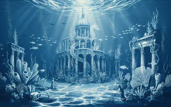 4K Ultra HD PC desktop wallpaper: luminous underwater palace amid coral and fish, sunbeams filtering through deep blue water.