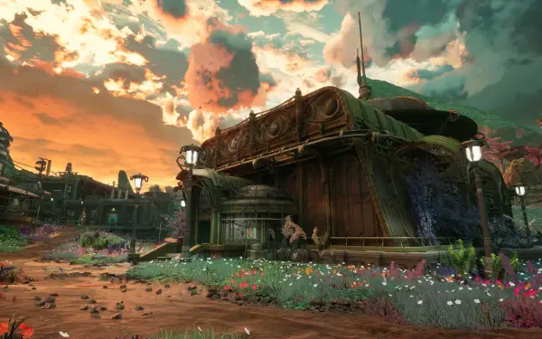 8K Ultra HD PC desktop wallpaper from the video game The Outer Worlds 2: a surreal landscape with a weathered outpost, vibrant alien flora and a dramatic orange-green sky.