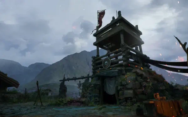 HD PC desktop wallpaper from the video game NORSE: Oath of Blood showing a weathered wooden watchtower before misty mountains and a stormy sky.