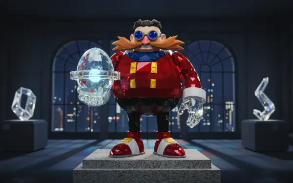 Doctor Eggman figure on a plinth in a dark gallery holding a glowing techno-egg, city skyline through arched windows — 4K Ultra HD PC desktop wallpaper and background.