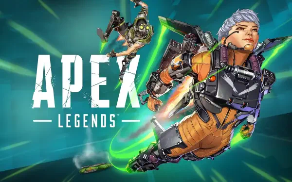 2K Quad HD PC desktop wallpaper of the video game Apex Legends featuring Valkyrie jetpacking forward with Octane leaping behind amid green energy streaks.