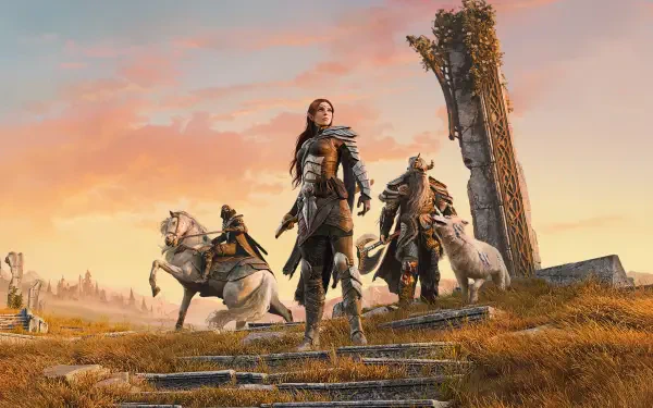 The Elder Scrolls Online video game scene: three armored adventurers with wolves stand among grassy ruins at sunrise — 2K Quad HD PC Desktop Wallpaper and Background.