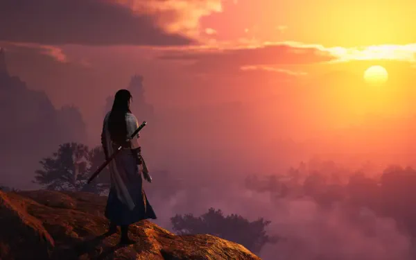 Where Winds Meet video game 4K Ultra HD PC desktop wallpaper and background: lone swordsman on a cliff at sunset, overlooking misty valleys as the sun sinks behind clouds.