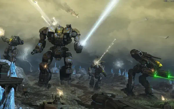 HD PC desktop wallpaper of Battletech video game: towering Mechs in a sci‑fi battle firing lasers and artillery across a stormy, cratered landscape.