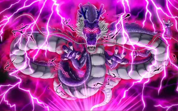 Shenron from Dragon Ball Z/Xenoverse 2 coils amid crackling purple lightning, a dramatic anime scene rendered as a 2K Quad HD PC desktop wallpaper.