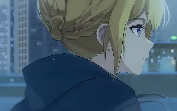 Side profile of Evelyn Chevalier, blonde from the video game Zenless Zone Zero, braided hair and coat gazing over a neon city at night — 2K Quad HD PC desktop wallpaper/background.