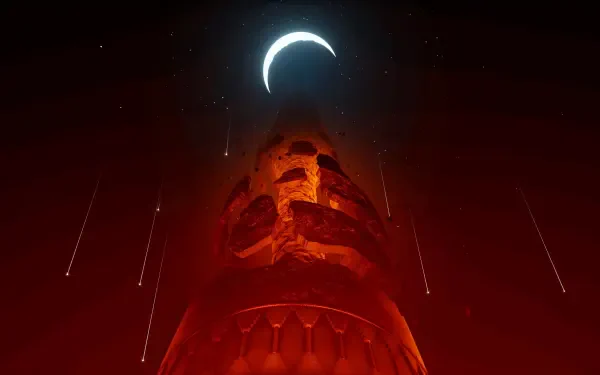 4K Ultra HD PC desktop wallpaper from the video game Sword of the Sea: looming red skull tower beneath a crescent moon, meteors streaking through a dark, ominous sky.