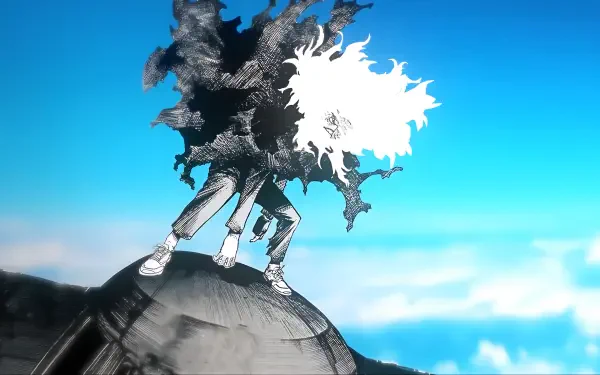 Tomura Shigaraki from My Hero Academia (manga) stands atop a cracked globe, dark decay aura against a bright blue sky — 5K Ultra HD PC wallpaper/background.