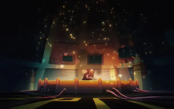 Anime 4K Ultra HD PC desktop wallpaper of Jewelry Bonney (One Piece) sitting on a neon-lit platform, surrounded by warm lights and floating sparkles in a moody, cinematic scene.