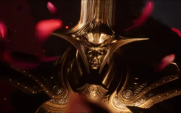 HD PC desktop wallpaper and background of a gold-armored, horned warrior from the video game Lost Soul Aside, dramatic close-up with floating red petals on a dark backdrop.