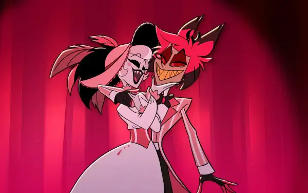 TV show Hazbin Hotel 2K Quad HD PC wallpaper: Alastor and Charlie Morningstar embrace on a red curtained stage; Alastor's toothy grin and Charlie's joyful laugh.