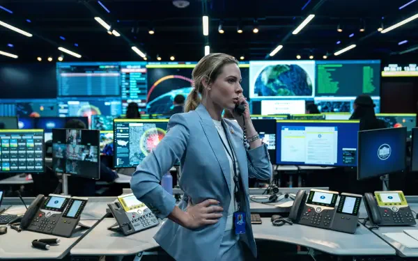 Cinematic 4K desktop wallpaper: a woman in a busy command center speaking on a headset, framed as a still from the movie A House of Dynamite.