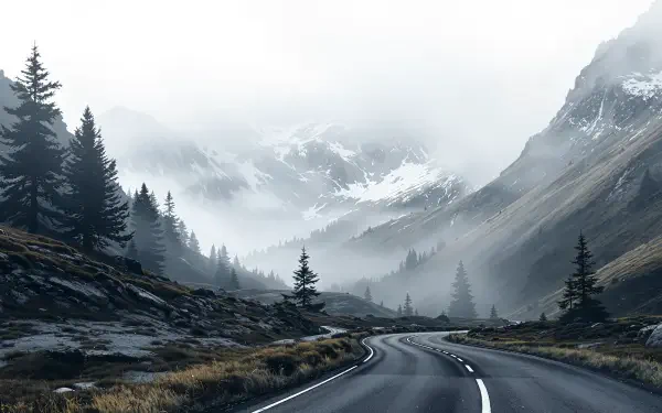 Foggy mountain pass with a winding road through pine-clad slopes and mist-filled valleys — 4K Ultra HD PC desktop wallpaper and background.