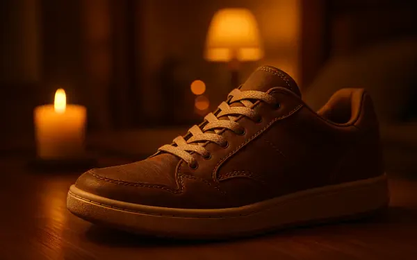 Close-up of a brown casual sneaker on a wooden surface, warm candlelit bokeh background — 4K Ultra HD PC desktop wallpaper and background.