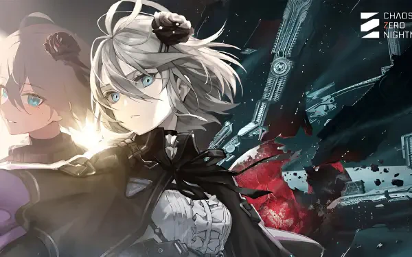 2K Quad HD PC desktop wallpaper for the video game Chaos Zero Nightmare: two anime-style heroines face a shattered sci-fi skyline with glowing debris and a ruined mech.