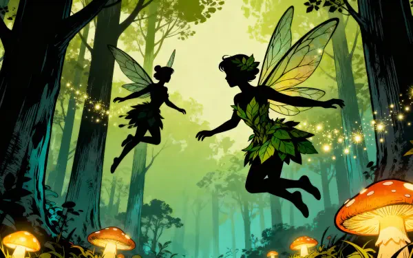 4K Ultra HD PC desktop wallpaper of forest fairies: leaf-clad silhouettes with glowing wings dance among firefly sparks and oversized mushrooms in a misty emerald woodland.