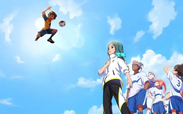 Inazuma Eleven: Victory Road video game HD PC desktop wallpaper: a player leaps to strike a soccer ball as teammates watch beneath a bright blue sky.