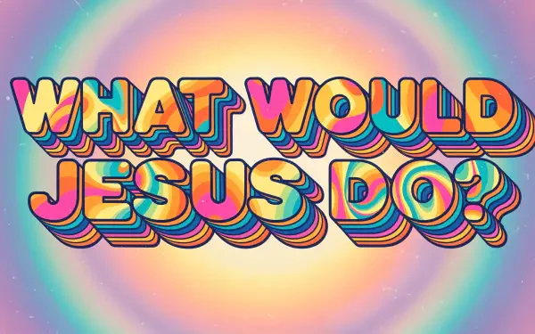 4K Ultra HD PC wallpaper: bold 3D rainbow text WHAT WOULD JESUS DO? set against a glowing pastel concentric rainbow background — religion-themed desktop image.