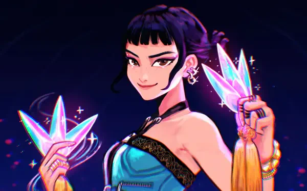 2K Quad HD PC desktop wallpaper of Zoey from the movie KPop Demon Hunters: stylized heroine in a turquoise outfit holding glowing crystal fans against a neon-dark background.