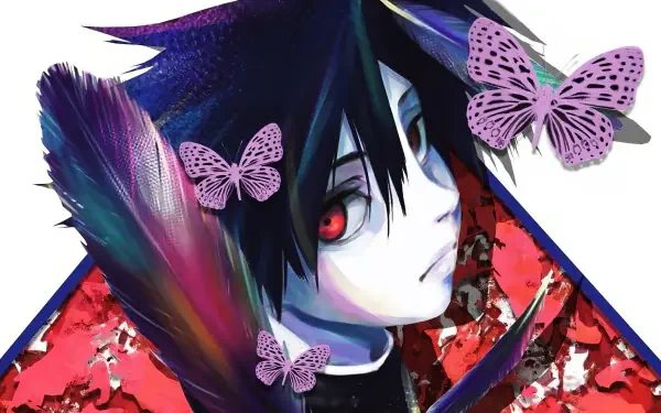 HD anime PC wallpaper featuring Shun Uruma from Juujika no Rokunin, pale red-eyed youth with dark hair, purple butterflies and feathers over a crimson textured background.