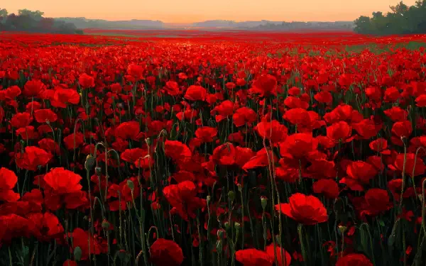 2K Quad HD PC desktop wallpaper: Remembrance Day poppy field—vast red flowers across a tranquil natural landscape at sunrise.