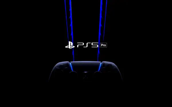 Black PlayStation PS5 Pro controller silhouette with blue light beams under the PS5 logo — 5K Ultra HD gaming console PC desktop wallpaper/background.