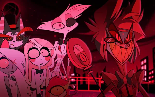 Red-toned Hazbin Hotel HD PC desktop wallpaper/background featuring Alastor, Vaggie, and Angel Dust in a stylized, ominous group scene.