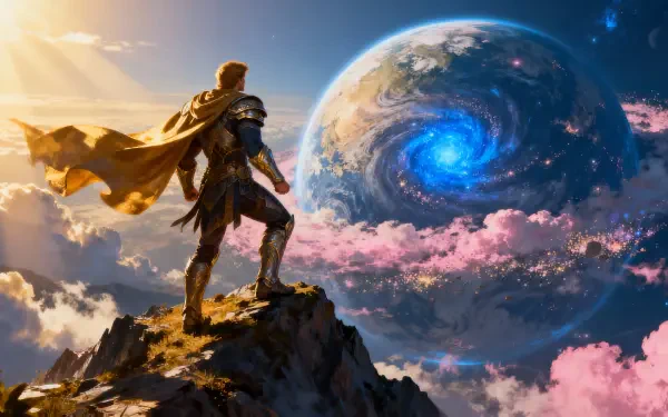 Hero in cape stands on a rocky cliff overlooking a glowing blue vortex-planet amid pink clouds and sunrise — 4K Ultra HD PC desktop wallpaper and background.