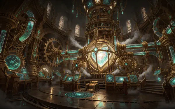 Fantasy engine room: ornate brass gears, glowing teal cores surrounding a central heart-shaped engine in a vast hall — 4K Ultra HD PC desktop wallpaper/background.