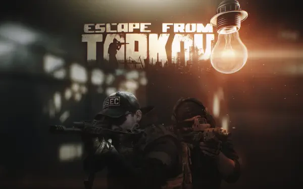 Escape from Tarkov gaming art: two armed PMC operators under a hanging light bulb in a gritty, shadowed scene — 2K Quad HD PC desktop wallpaper/background.