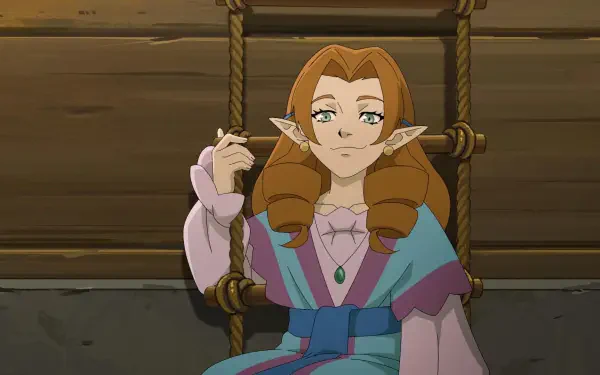 HD PC desktop wallpaper: an elf from The Mighty Nein TV show lounges against a wooden wall, holding a rope ladder, wearing pastel robes and curled auburn hair.