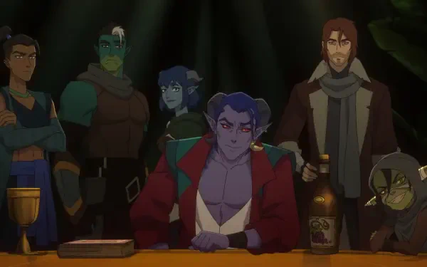 TV show The Mighty Nein: the crew gathered around a tavern table under moody light. 2K Quad HD PC desktop wallpaper and background.