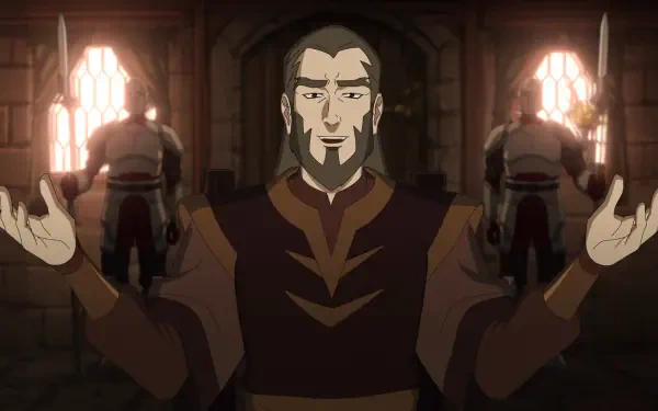 2K Quad HD PC desktop wallpaper from the TV show The Mighty Nein: bearded robed man with outstretched arms in a dim hall, flanked by two armored guards by glowing arched windows.