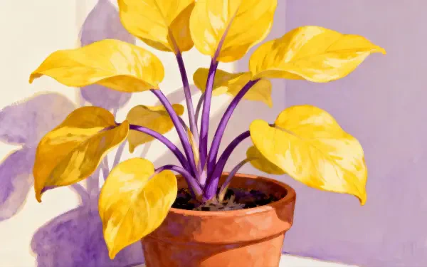 Yellow-leaf houseplant in a terracotta pot on a soft purple backdrop — 4K Ultra HD PC desktop wallpaper and background.