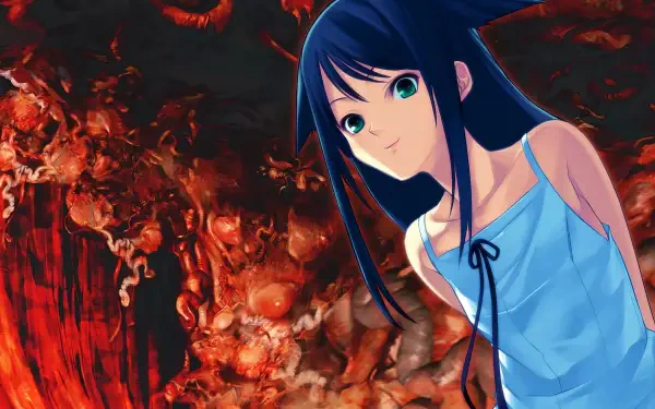 HD PC desktop wallpaper from the video game The Song of Saya: a blue‑haired girl in a pale blue dress stands before a dark, blood‑red, grotesque background.
