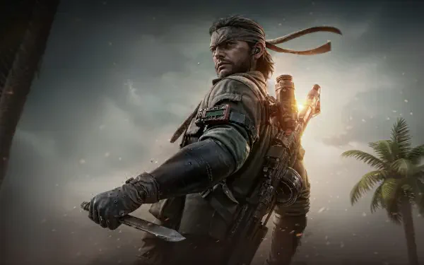 Solid Snake in battle-worn gear and bandana, knife in hand, backlit by sun with palm tree and stormy sky — 5K Ultra HD PC desktop wallpaper/background.