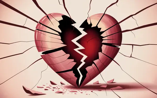Heartbroken 4K Ultra HD PC desktop wallpaper: a shattered red heart with a jagged central split, radiating cracks and scattered shards on a soft beige background.