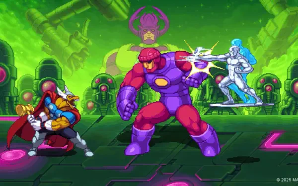 Pixel-art HD PC desktop wallpaper of MARVEL Cosmic Invasion video game: heroes clash with a giant red Sentinel in a neon-green alien lab background.