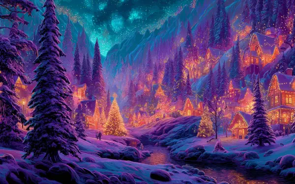 Christmas landscape 4K Ultra HD PC desktop wallpaper: snow-covered pines and cozy illuminated village with a decorated Christmas tree under a vivid aurora-like starry sky.