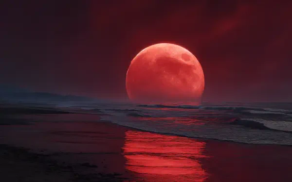 Crimson moon over a dark ocean, blood-red reflection on wet sand — 4K Ultra HD PC desktop wallpaper and background.