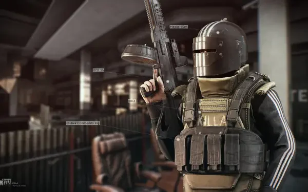 HD PC desktop wallpaper: video game Escape from Tarkov FPS scene with an armored PMC holding a rifle in a dim industrial interior.