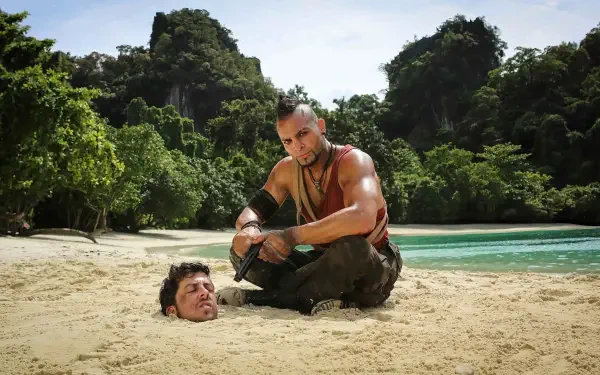 Far Cry (TV Show) scene — muscular man crouches on a tropical beach beside a buried head, lush jungle and turquoise sea; HD PC desktop wallpaper/background.