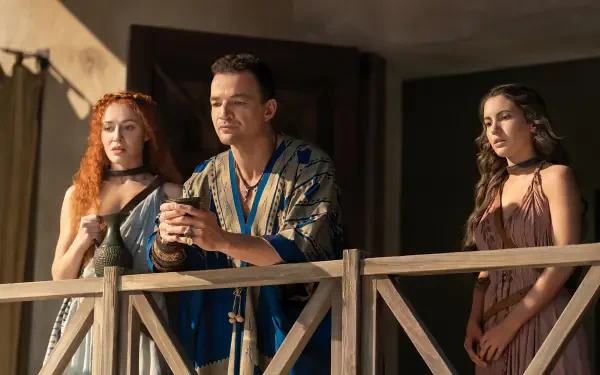 HD PC desktop wallpaper of three characters from the TV show Spartacus: House of Ashur standing on a wooden balcony, watching the scene below.