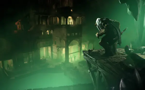 HD PC desktop wallpaper of Styx: Blades of Greed — a cloaked goblin thief crouches on a high ledge, overlooking a green-lit underground city, poised for stealth.