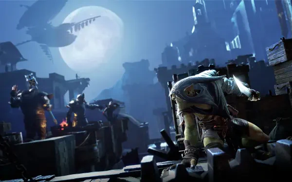 HD PC desktop wallpaper from Styx: Blades of Greed — a goblin thief crouches on a moonlit rooftop, poised for stealth as armored guards patrol a shadowy city.