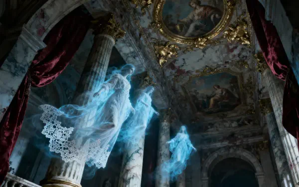 4K Ultra HD PC desktop wallpaper: baroque interior with gilded frescoed ceiling and marble columns, ethereal blue ghostly figures drifting among red velvet drapes.