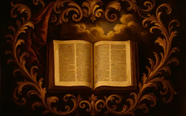 4K Ultra HD PC desktop wallpaper: an open scripture book bathed in warm golden light, set within ornate baroque scrollwork on a dark background.