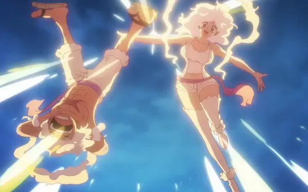 HD anime desktop wallpaper of One Piece: Monkey D. Luffy in Gear 5 and Jewelry Bonney soaring through a bright blue sky with crackling lightning and streaking motion trails.