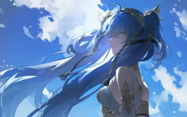4K Ultra HD PC desktop wallpaper of Iuno (Wuthering Waves) — blue‑haired anime character with flowing locks against a bright sky, video game artwork.