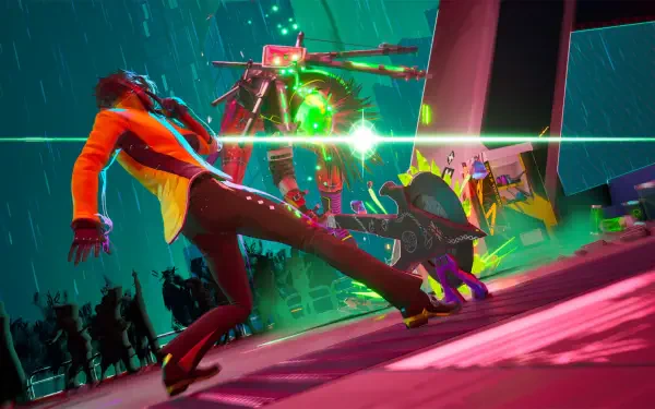 HD PC desktop wallpaper of Dead as Disco video game: neon-soaked, rain-drenched scene of a suited character lunging toward robotic enemies under green light.